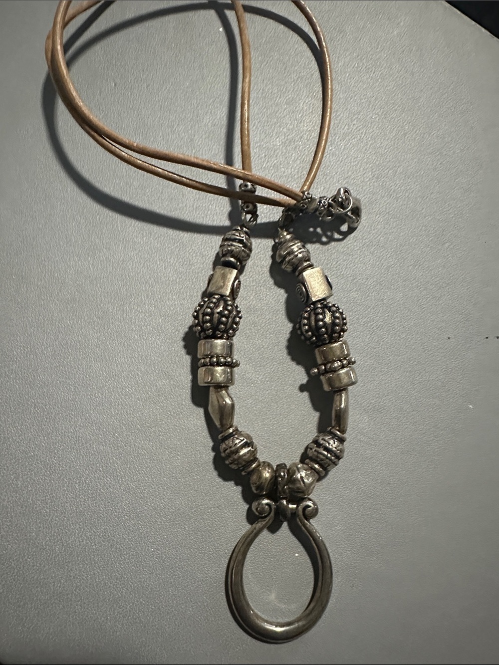 925 Silver Beaded Pendant Necklace in Tan Cord